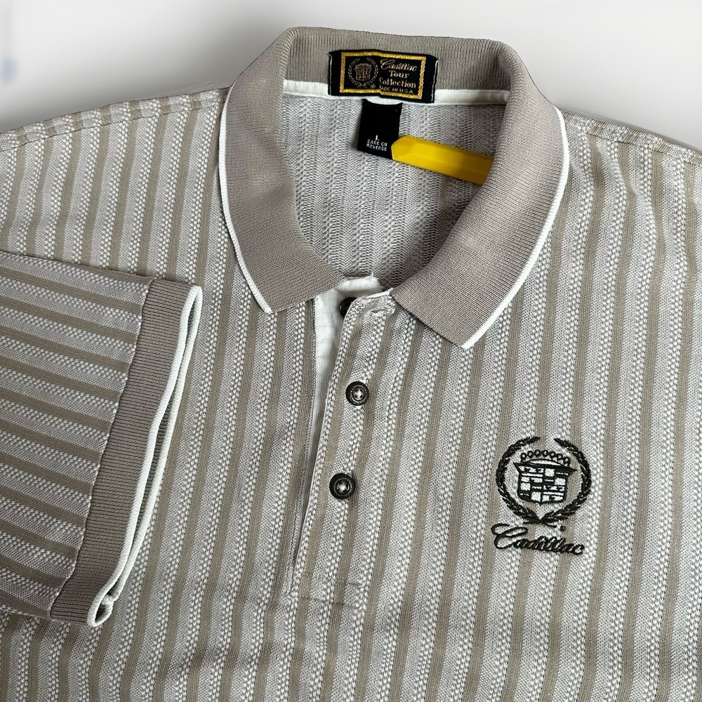 Vintage Cadillac Polo Shirt Mens L Tan Striped Tour Collection Crest Logo USA